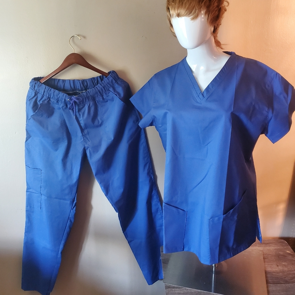 Fashion Unisex V-Neck, Deep Pockets. Medical Scrub Uniform Set. XL. Royal Blue.